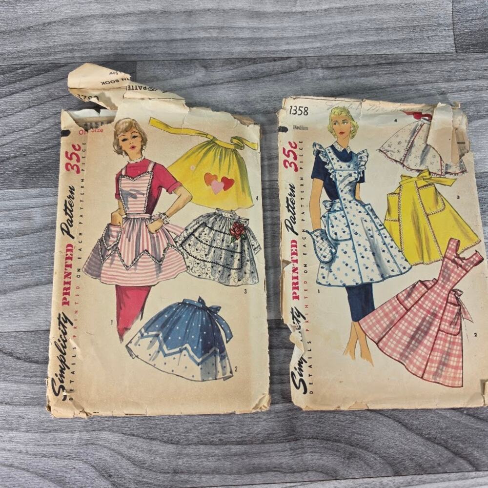 Lot of 2 Vintage 1950s Simplicity Apron Sewing Patterns 1358 & 1789 Full Half